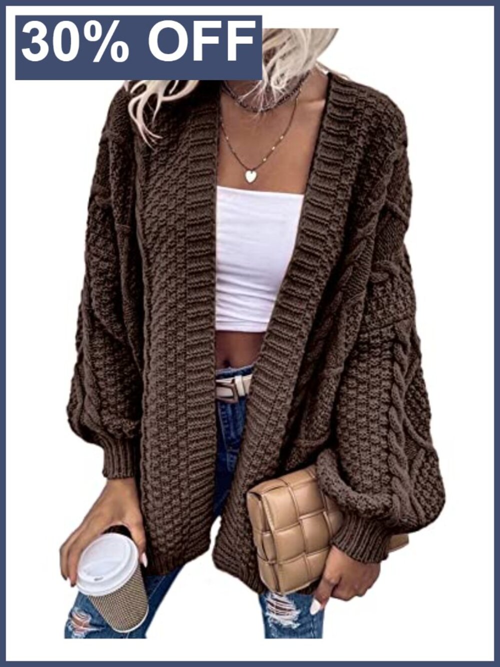 Oversized Cable Knit Lantern Sleeve Cardigan Sweater